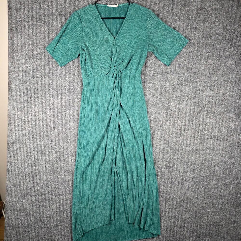 All In Favor XS Teal Pleated Faux Wrap Midi Dress Short Sleeve Lined